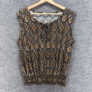 SJS Blouse Women XL Brown Animal Print Tasseled Sleeveless Wide Strap Casual